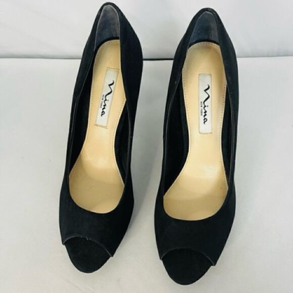 Nina "Faiza - FY" Women's 8.5 True Black Suede Embellished Peep Toe Trendy Heels - Picture 3 of 8